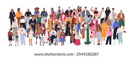 Diverse crowd. Multicultural inclusive society. Multiracial international group, people with disabilities, different culture, race. Flat graphic vector illustration isolated on white background