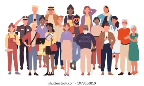 Diverse crowd, multiracial multicultural people group, civil society vector illustration. Cartoon multiethnic old young men and women, children standing together, social diversity isolated on white