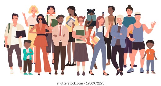 Diverse crowd, multiracial multicultural people group, civil society vector illustration. Cartoon multiethnic old young men and women, children standing together, social diversity isolated on white