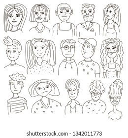 Una multitud diversa. Personajes del mismo sexo y edad. ilustración dibujada a mano.
