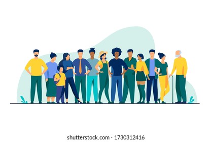 Diverse crowd of people of different ages and races. Multiracial community members standing together. Vector illustration for civil society, diversity, multinational public concept