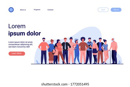 Diversas multitudes de personas de diferentes edades y razas. Miembros de la comunidad multirracial juntos. Ilustración de vectores para la sociedad civil, diversidad, concepto público multinacional