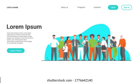 Diverse crowd of people of different ages and races. Multiracial community members standing together. Vector illustration for civil society, diversity, multinational public concept