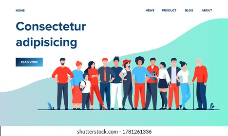 Diverse crowd of people of different ages and races. Multiracial community members standing together. Vector illustration for civil society, diversity, multinational public concept