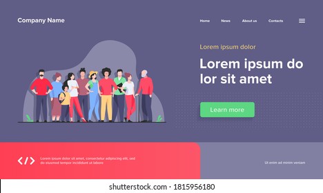 Diversas multitudes de personas de diferentes edades y razas. Miembros de la comunidad multirracial juntos. Ilustración de vectores para la sociedad civil, diversidad, concepto público multinacional