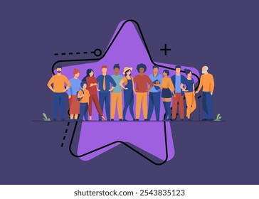 Diverse crowd of people of different ages and races. Multiracial community members standing together. Vector illustration for civil society, diversity, multinational public concept