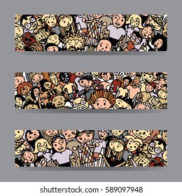 Diverse Crowd of People. Human Population. Hand Drawn illustration in Doodle Style. Vector Banners Set.