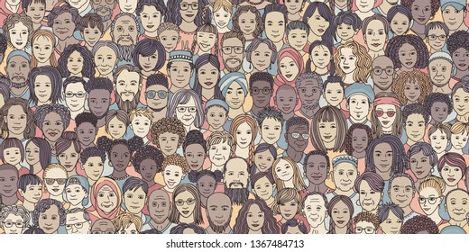Diverse crowd of people: kids, teens, adults and seniors - seamless banner of hand drawn faces of various age groups and ethnicities