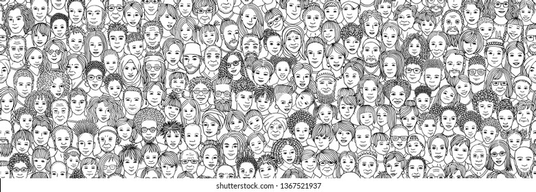 Diverse crowd of people: kids, teens, adults and seniors - seamless banner of hand drawn faces of various age groups and ethnicities