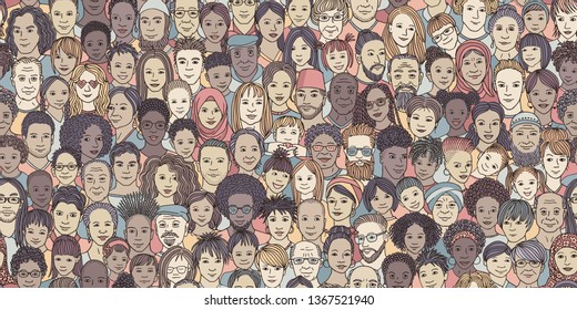 Diverse crowd of people: kids, teens, adults and seniors - seamless banner of hand drawn faces of various age groups and ethnicities