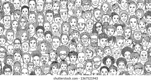 Diverse crowd of people: kids, teens, adults and seniors - seamless banner of hand drawn faces of various age groups and ethnicities