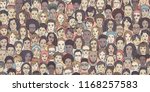 Diverse crowd of people - seamless banner of 100 different hand drawn faces of various ethnicities