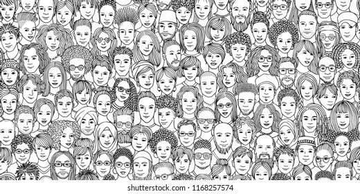 Diverse crowd of people - seamless banner of 100 different hand drawn faces of various ethnicities