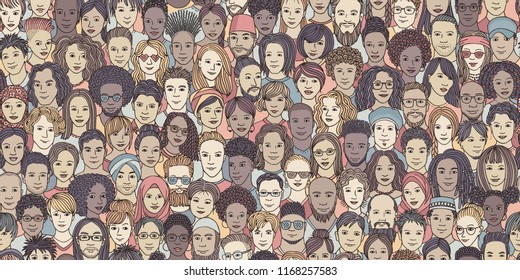 Diverse menneskemængde - sømløst banner af 100 forskellige håndtegnede ansigter af forskellige etniciteter