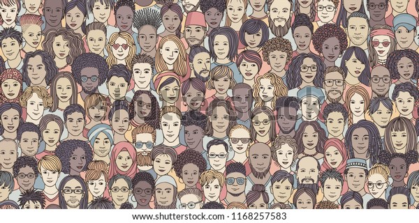 Diverse crowd of people - seamless\
banner of 100 different hand drawn faces of various\
ethnicities