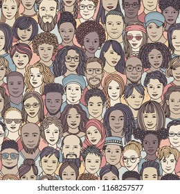 Diverse crowd of people - seamless pattern of hand drawn faces of various ethnicities