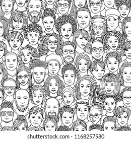 Diverse crowd of people - seamless pattern of hand drawn faces of various ethnicities
