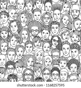 Diverse crowd of people - seamless pattern of hand drawn faces of various ethnicities