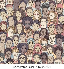 Diverse crowd of people - seamless pattern of hand drawn faces of various ethnicities