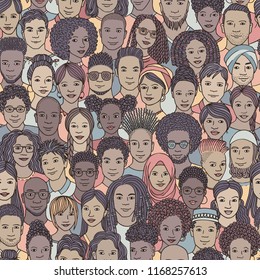 Diverse crowd of people - seamless pattern of hand drawn faces of various ethnicities