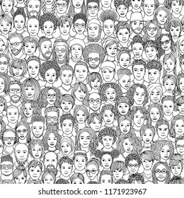 Diverse crowd of people - seamless pattern of 100 hand drawn faces of various ethnicities - black and white illustration