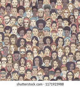 Diverse crowd of people - seamless pattern of 100 hand drawn faces of various ethnicities