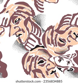 Diverse crowd of people seamless pattern.  Different male faces line and dots drawing banner