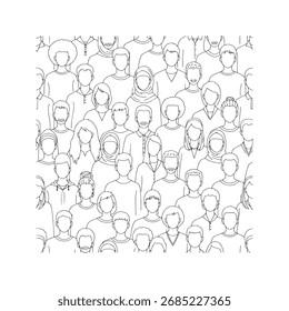 Multidão diversa de pessoas padrão perfeito. Ilustração vetorial de comunidade multicultural com ícones de arte em linha.