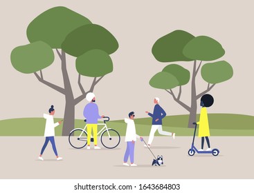 A diverse crowd of people walking and doing sports in a public space, summer outdoor leisure, recreation