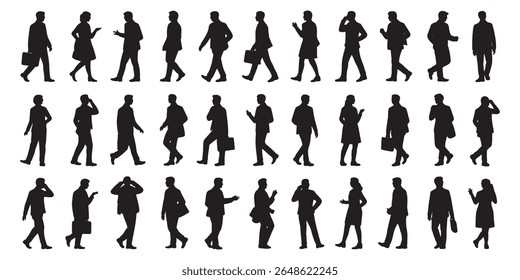 Diverse Crowd Silhouettes Illustration of People Walking and Talking in Various Poses and Attire in a Modern Black Design