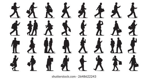 Diverse Crowd Silhouettes People Walking in Various Poses and Actions Portraying Urban Life and Human Activity with a Minimalist Aesthetic