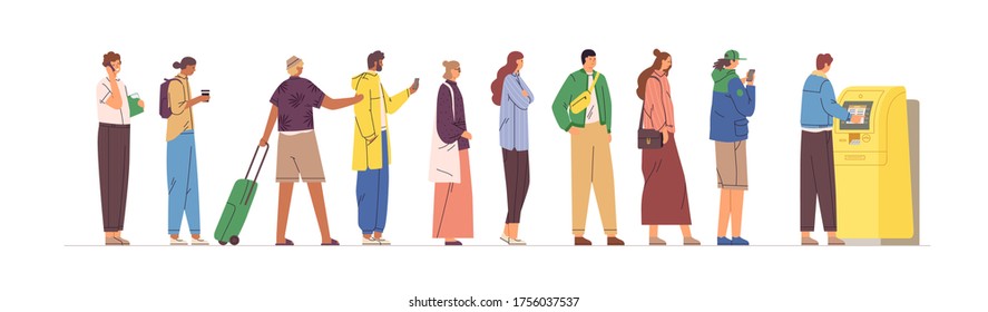 Diverse crowd stand in line to ATM vector flat illustration. Man and woman in queue performing financial transactions isolated on white. People with credit card and cash waiting terminal service