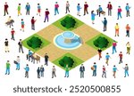 Diverse crowd walks around a park fountain on a sunny day, enjoying outdoor activities in a vibrant cityscape with green trees