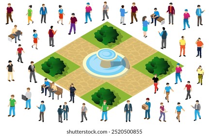 Diverse crowd walks around a park fountain on a sunny day, enjoying outdoor activities in a vibrant cityscape with green trees