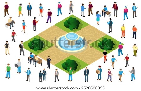 Diverse crowd walks around a park fountain on a sunny day, enjoying outdoor activities in a vibrant cityscape with green trees