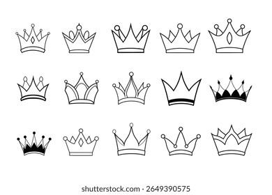 diversos desenhos de coroas, isolados sobre fundo branco. Crown vetor coleção, símbolos de luxo real, Line Art coroas desenhos	
