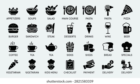 Diverse culinary icon set showcasing restaurant menu items beverages dining options food preparation delivery logistics payment processing and essential kitchen tools crafted for food delivery applications menu design websites and restaurant management digital platforms.