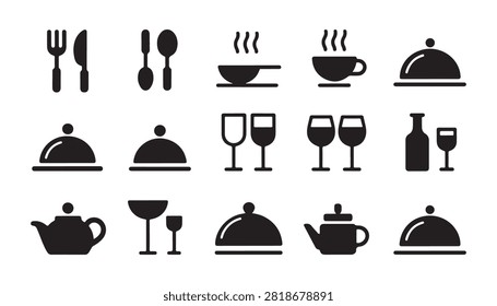 Diverse culinary icons showing dinnerware hot drinks and catering equipment for restaurant branding.