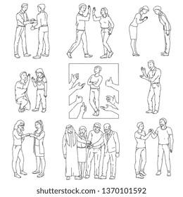 Diverse cultural gestures of appreciation and respect vector icons set of illustrations isolated on white background. People greeting and hand shaking each other concept.