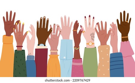 Diverse culture hands. People racial diversity. United volunteer equality. Social multicultural group. Community unity. Raised arms. Sleeves and accessories. Vector colorful illustration