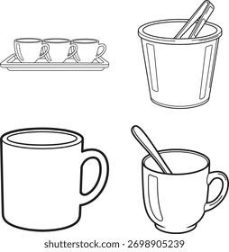 Copos diversos canecas copos óculos set line art | ilustração de arte de linha para livro de coloração simples