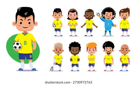 Verschiedene süße Chibi-Fußballer in Brasilien Nationalmannschaft Stil gelbe und blaue Uniformen. Flaches Design, Vektorgrafik mit verschiedenen Spielern, Torhütern und verschiedenen Fußballposen.