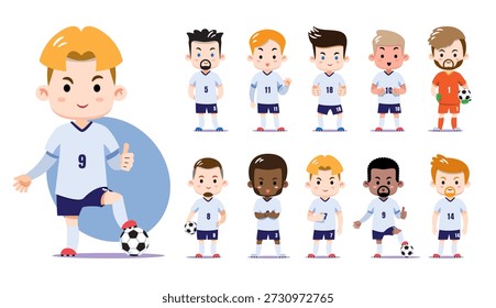 Diversos jogadores fofos de futebol chibi na Inglaterra estilo equipe nacional uniformes brancos e azuis. Ilustração vetorial plana com diversos jogadores, goleiro e várias poses de futebol.