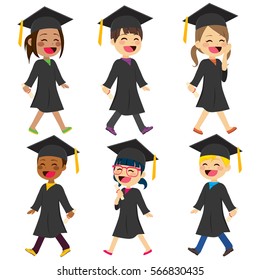 Diverse cute children students with gown and diploma walking happy