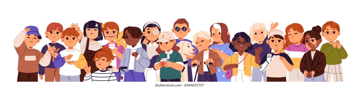 Diverse cute kids banner. International group with disabled, blind children. Happy girls and boys with bionic prosthesis, vitiligo, hearing aid. Flat isolated vector illustration on white background