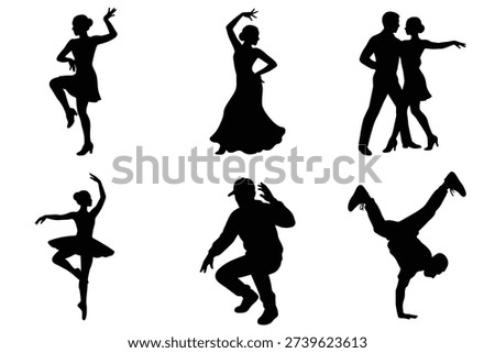 Diverse Dance Silhouettes Ballet, Ballroom, Hip Hop, and Latin Dancer Poses