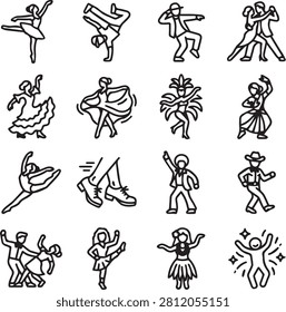 Diverse dance styles and performance art line icon set featuring ballet hip hop salsa and traditional cultural dances for event and entertainment themes