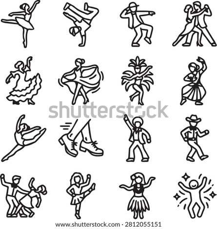Diverse dance styles and performance art line icon set featuring ballet hip hop salsa and traditional cultural dances for event and entertainment themes