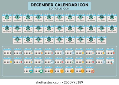 Diverse december calendar icons offering visual representations of monthly schedules and daily