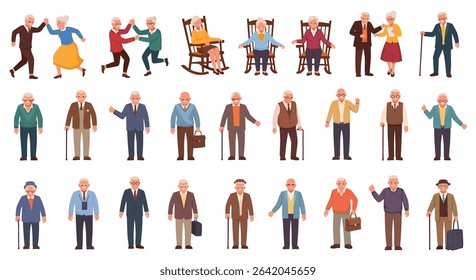 Diverse Depiction of Elderly People in Assorted Poses and Attire for Various Purposes
